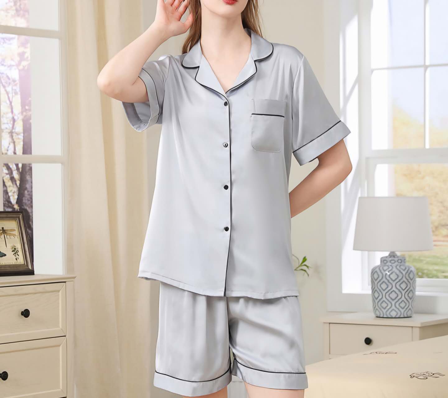 Button Satin Short-Sleeves Short