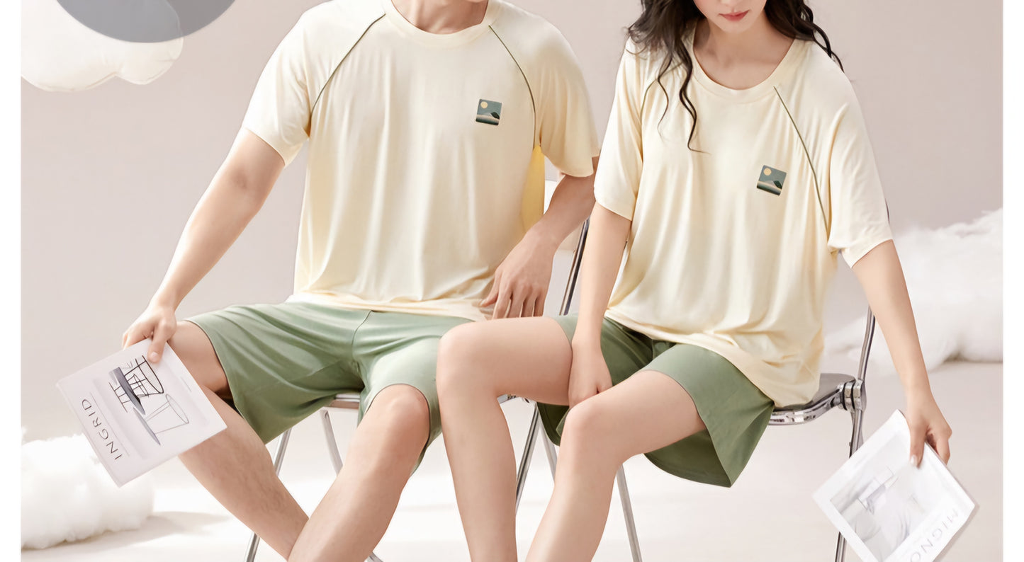 Pyjama pour couple : crème sur vert