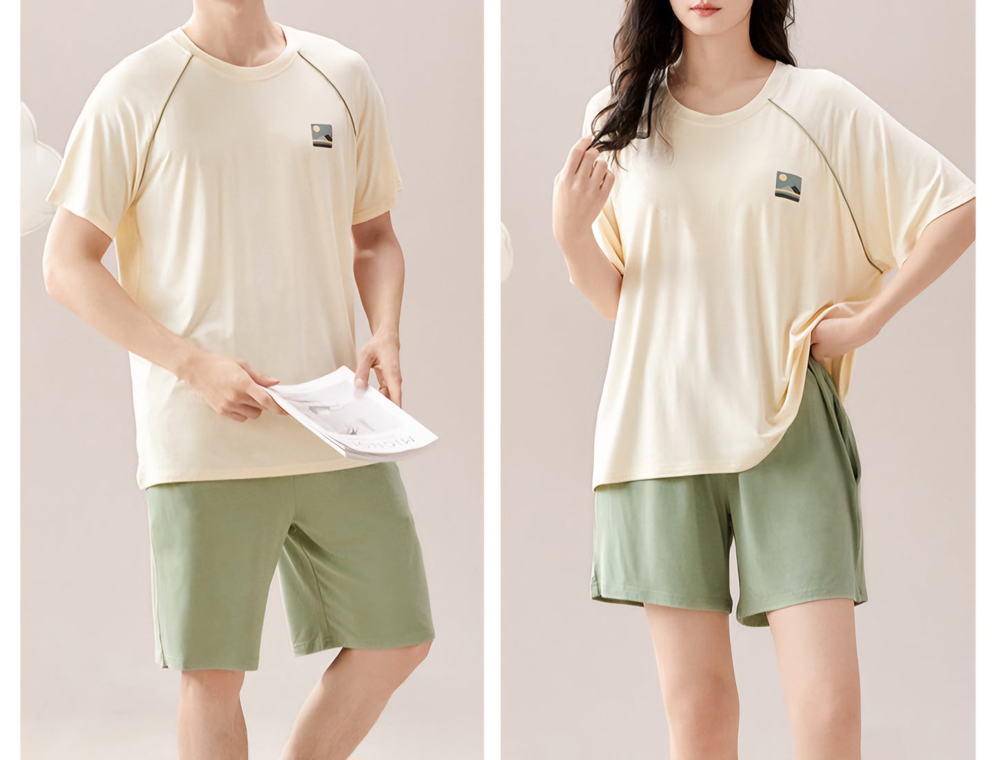 Cotton Pajamas Shorts: Cream on green