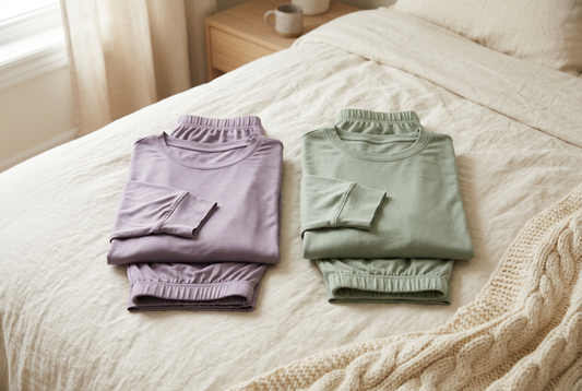 Illustration of lavender and sage pajama sets folded side by side on cream bedding