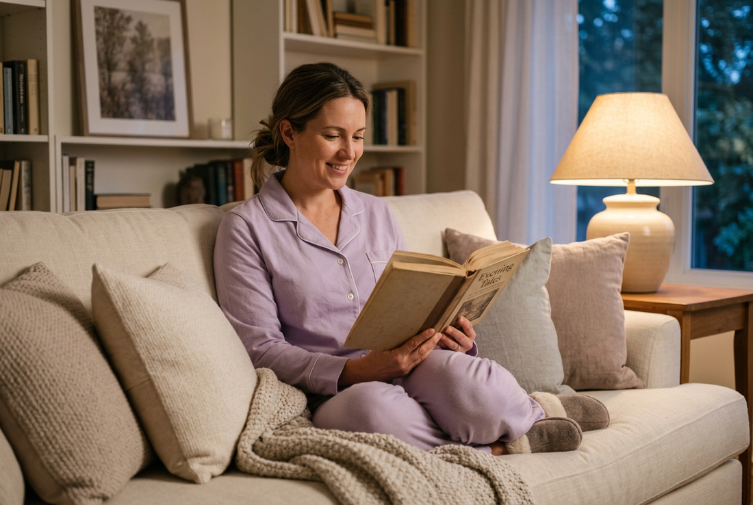 Woman in lavender pajamas reading on a cozy sofa during a relaxing evening routine.
