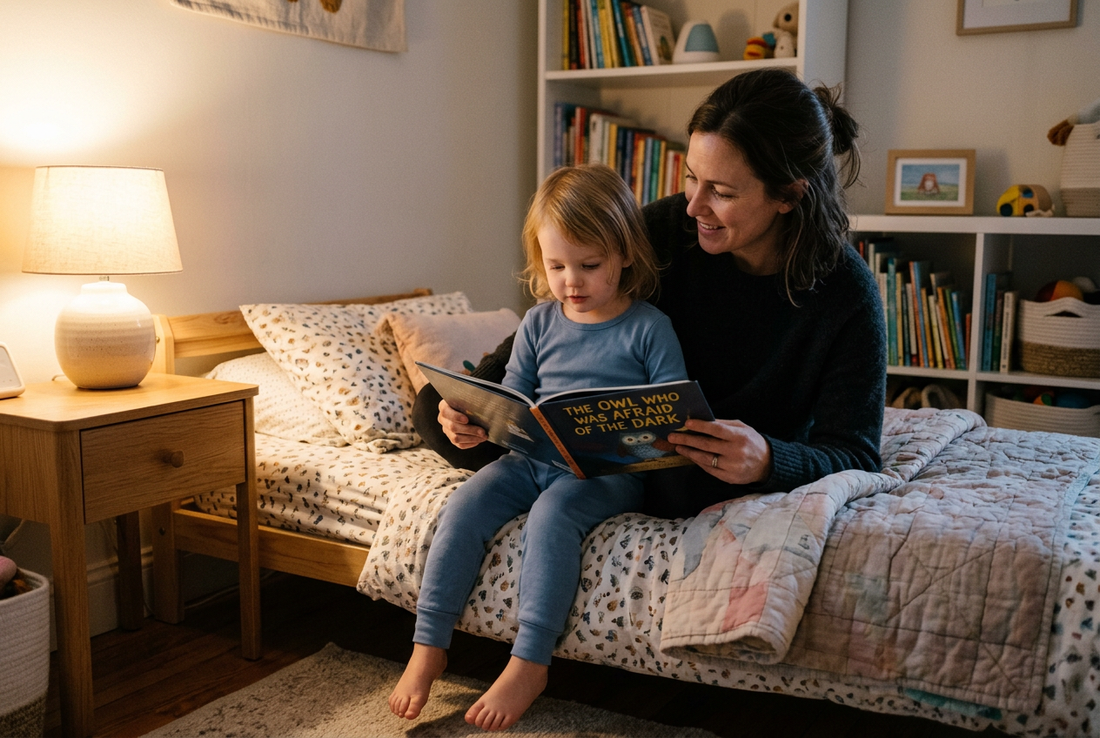 Parent reading a bedtime story with a toddler wearing blue pajamas