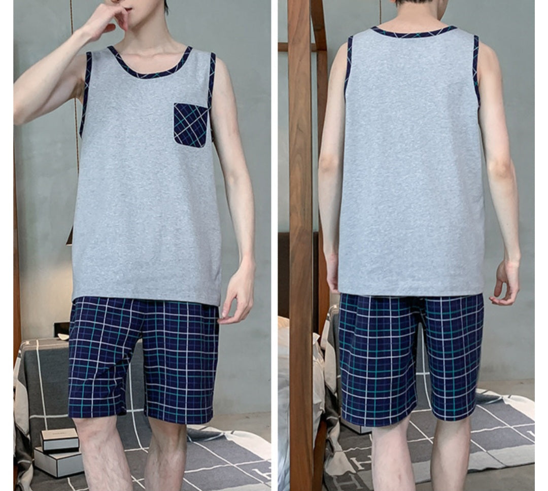 Men Sleeveless Vest Cotton: Blue Check