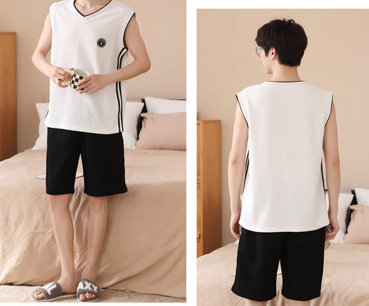 Men Sleeveless Mesh-Cotton Pajamas