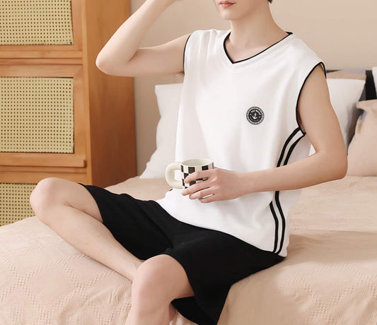 Men Sleeveless Mesh-Cotton Pajamas